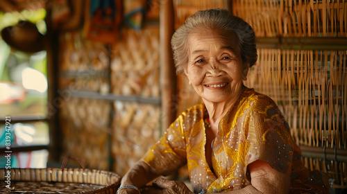 Elderly woman in traditional Filipino barong, sitting in her rustic kitchen, with a gentle smile and a background of bamboo walls and woven mats