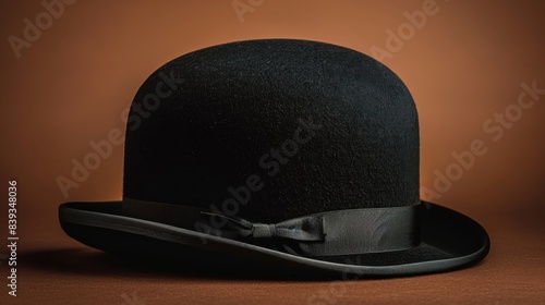 A black bowler hat with a ribbon resting on a brown background