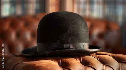 A close-up image of a black bowler hat sitting on a leather couch