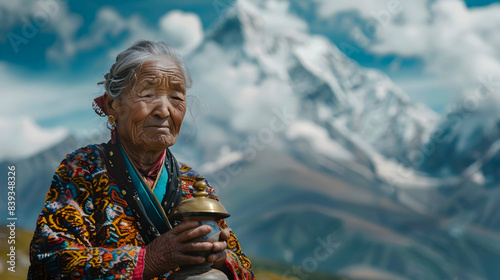 Portrait of an elderly woman in traditional Tibetan dress, spinning a prayer wheel, with the majestic Himalayas in the background