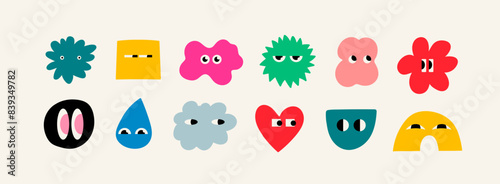 Set of Various bright Doodle shapes with face emotions. Different figures. Hand drawn trendy Vector illustration for kids. Cute funny characters. All elements are isolated