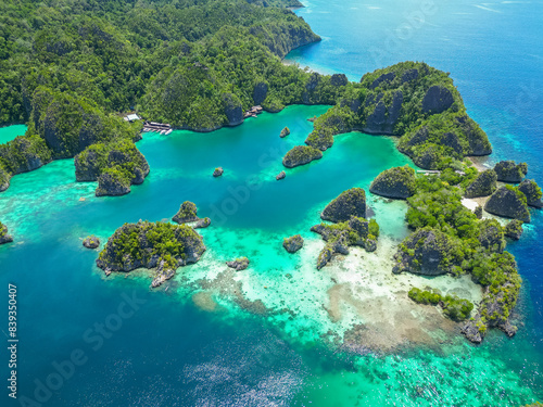 Raja Ampat, Indonesia: Aerial view of the Piaynemo viewpoint famous for its limestone karst landscape in Raja Ampat archipelago in West Papua in Indonesia.