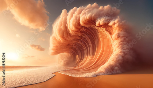 Sea wave with spray and foam near the shore. Waves crashing on a sandy beach. Tourism. Beautiful wave. Copy space. Closeup of splashed water and air bubbles background on the sea. Wallpaper. Peach Fuz