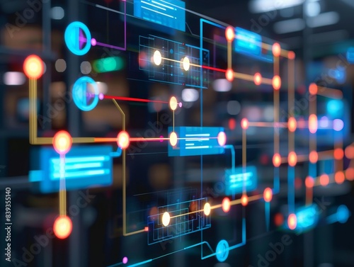 Interactive flowcharts for digital business process mapping, close up, streamlined workflow, realistic, composite, office backdrop