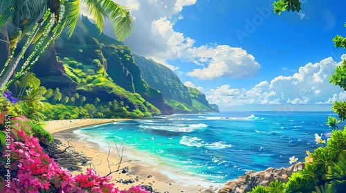 vibrant tropical paradise lush hawaiian coastline with colorful flower lei garlands digital painting