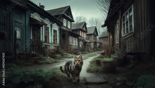 Here is the image you requested: a tiger and a zebra walking down a city street with old brick buildings, featuring a house cat watching from a window