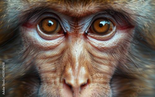 A close-up portrait of a Japanese macaques eyes