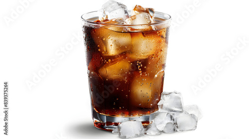 cold carbonated drink over ice cubes in a glass isolated on white background, hyperrealism, png