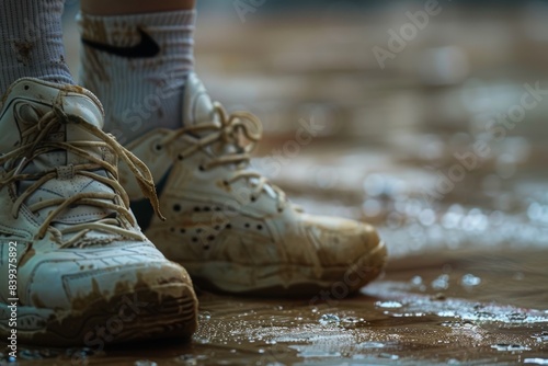 Close-Up of Olympic Volleyball Player's Shoes on Court Surface Showcasing Texture and Intense Wear