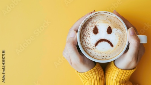 A person is holding a coffee cup with a frown on it