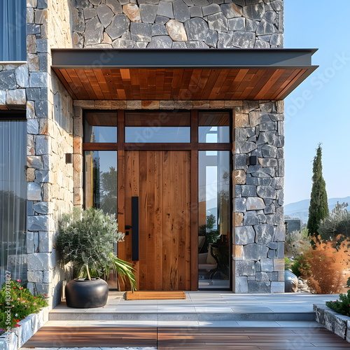 a contemporary design house entrance with a wood and glass door between stonewalls.travel to athens, greece isolated on white background, minimalism, png
