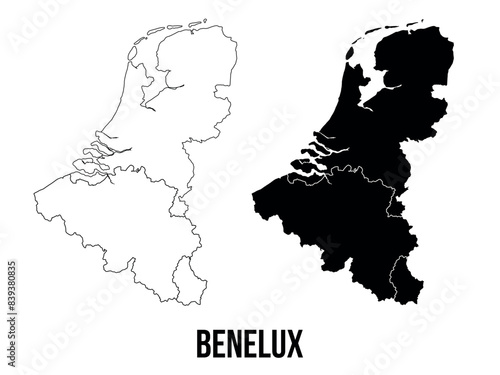 Benelux map of country regions districts vector black on white and outline