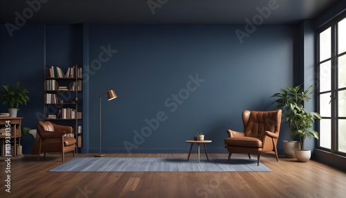 Modern living room interior with leather armchair on wood flooring and dark blue wall. 3D render