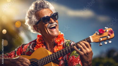 Happy hawaiian man is singing and playing on a guitar 