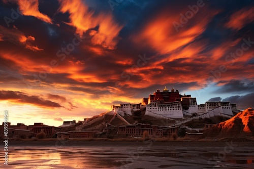Breathtaking view of an ancient tibetan monastery against a dramatic sunset sky