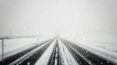 A deserted highway during a snowstorm, with the road barely visible beneath a blanket of white. Heavy snowflakes obscure the horizon, creating a sense of isolation and solitude.