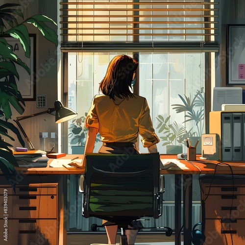 A woman standing in front of the window in her office