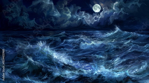 Stormy Ocean at Night with Massive Moonlit Waves Crashing Amidst Rainy Turmoil - Symbolizing Nightmares and Inner Turmoil