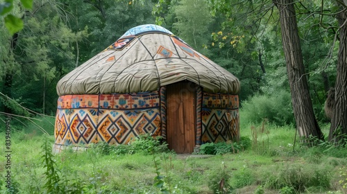 A traditional yurt dwelling stands amidst a verdant forest