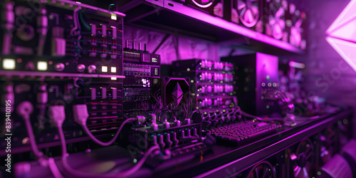 The Temple of Web3: A modern altar, surrounded by cryptocurrency mining rigs and blockchain-powered devices. (Purple)