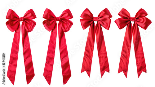 Five large red satin bows with long tails, perfect for festive decorationsr in isolated on transparent background