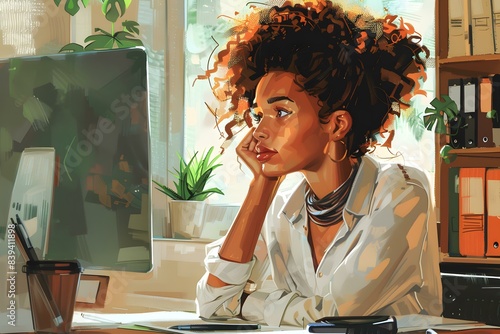 A young woman of African descent is sitting at her desk looking out the window.