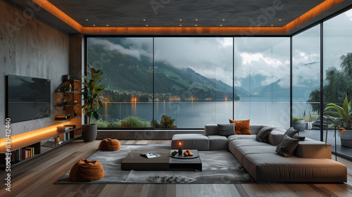 Luxury living room with gray couch, tv set and wooden floor, lights to make saloon more cozy, small modern glass coffee table and amazing view to bay or lake and hills; television on left side