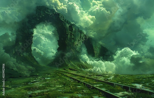 mountain train track going clouds ancient magical overgrown ruins green rain dream desolate abandoned railroads undulating nebulous light space passages gateway