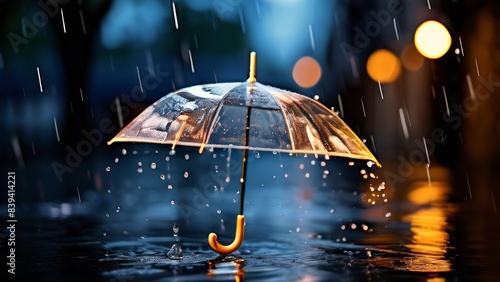 An umbrella with a red handle standing vertically against a background of falling rain. The focus is on the raindrops splashing and sliding off the umbrella,