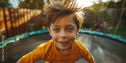 Close-up of a cheerful boy with messy hair playing on a trampoline, childhood fun concept