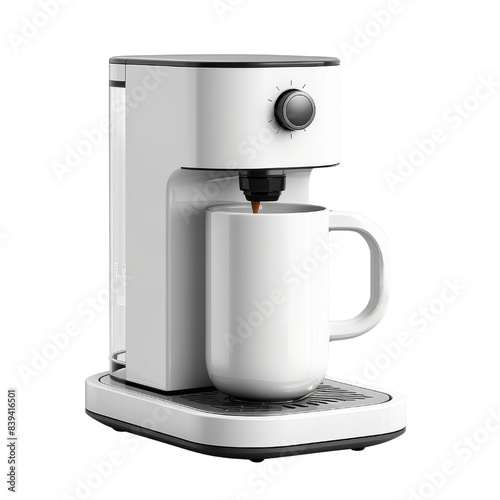 A white single-serve coffee maker with a cup of coffee brewing. The coffee maker has a sleek modern design.