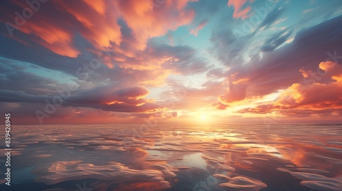 A stunning sunset over the ocean, adorned with clouds,