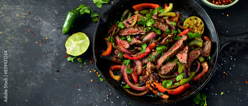 A cast iron skillet overflows with sizzling fajita vegetables â€“ red and green peppers, onions, and juicy strips of flank steak â€“ seasoned with a sprinkle of cilantro and a wedge of lime.