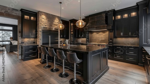 Kitchen with dark cabinets and countertops
