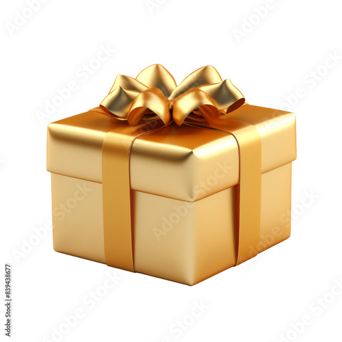 Gold gift box with ribbon. 3D rendering, isolated on transparent background 