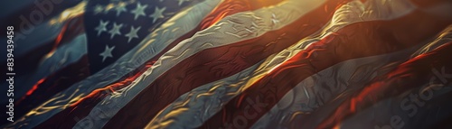 Close-up of a waving American flag illuminated by warm sunlight, symbolizing patriotism, freedom, and national pride in the United States.