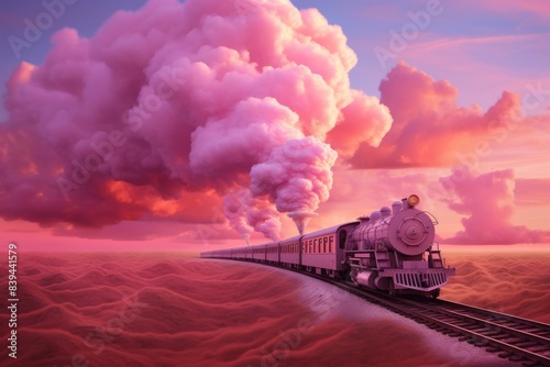 Picturesque Train pink clouds landscape. Railway transport. Generate Ai