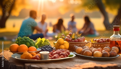 A vibrant outdoor picnic scene with fresh fruits and snacks laid out on a wooden table, with a group enjoying in the background at sunset.