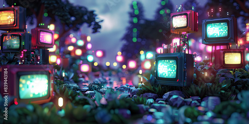 The Glitched Pixel Garden: A whimsical landscape, adorned with malfunctioning TVs and flickering lights.