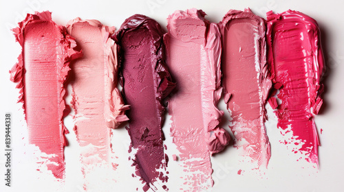 Smudged lipstick ranging from vibrant pink to deep berry shades displayed in a creative pattern on a clean white surface
