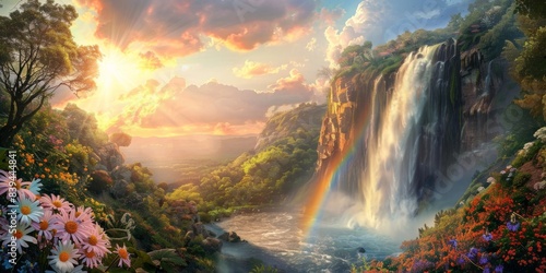 Rainbow and waterfall scene in a calm view