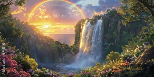 Rainbow and waterfall scene in a tranquil view