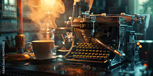 The Caffeinated Cogwork: A steaming espresso machine, flanked by a vintage typewriter and a fountain pen