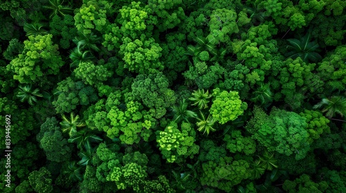 Aerial top view of a green forest, textured rainforest canopy viewed from above in a high angle shot, drone photography