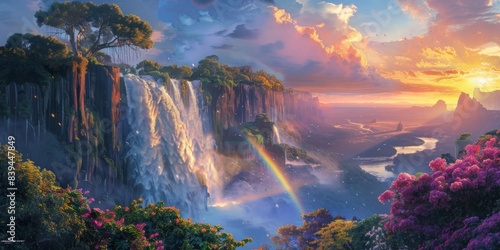 Rainbow and waterfall scene in a tranquil time