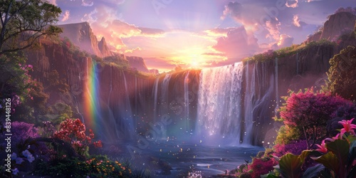 Rainbow and waterfall scene in a serene time