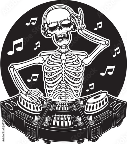 Human skeleton Discjockey operating music mixer desk