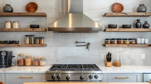 Elegant kitchen interior with modern range hood over cooktop and stylish furniture