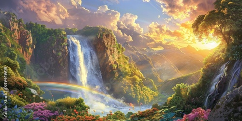 Rainbow and waterfall scene in a serene nature