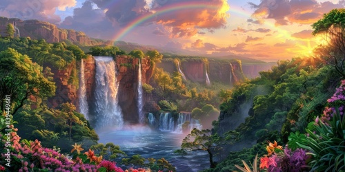 Rainbow and waterfall scene in a peaceful setting